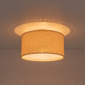 LightFixturesUSA-Boho Beige Linen Fabric Round Drum Cage Semi Flush Mount-Ceiling Light-13.8 in-