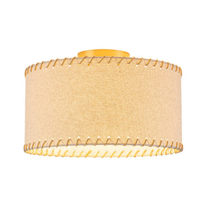 LightFixturesUSA-Boho Beige Linen Fabric Round Drum Cage Semi Flush Mount-Ceiling Light-13.8 in-
