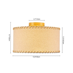 LightFixturesUSA-Boho Beige Linen Fabric Round Drum Cage Semi Flush Mount-Ceiling Light-13.8 in-