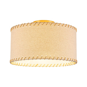 LightFixturesUSA-Boho Beige Linen Fabric Round Drum Cage Semi Flush Mount-Ceiling Light-13.8 in-