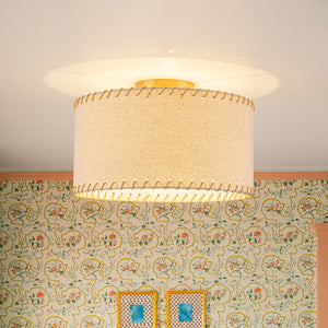 LightFixturesUSA-Boho Beige Linen Fabric Round Drum Cage Semi Flush Mount-Ceiling Light-13.8 in-