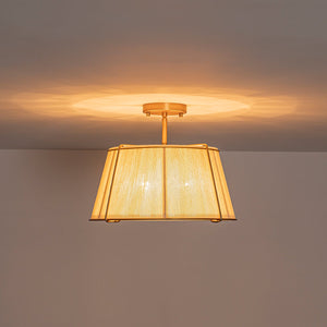 LightFixturesUSA-Boho Beige Woven Thread Drum Cage Brass Semi Flush Mount-Ceiling Light-Brass-