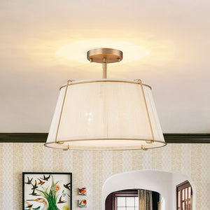 LightFixturesUSA-Boho Beige Woven Thread Drum Cage Brass Semi Flush Mount-Ceiling Light-Brass-