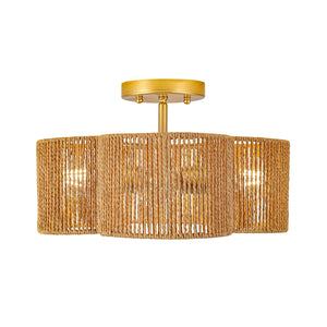 LightFixturesUSA-Boho Brown Woven Rope Quatrefoil Cage Semi Flush Mount-Ceiling Light-Brass-