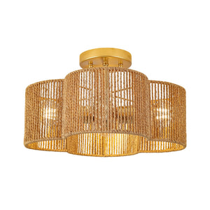 LightFixturesUSA-Boho Brown Woven Rope Quatrefoil Cage Semi Flush Mount-Ceiling Light-Brass-
