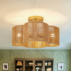 LightFixturesUSA-Boho Brown Woven Rope Quatrefoil Cage Semi Flush Mount-Ceiling Light-Brass-