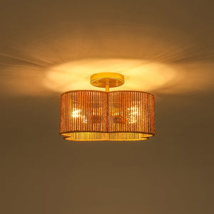 LightFixturesUSA-Boho Brown Woven Rope Quatrefoil Cage Semi Flush Mount-Ceiling Light-Brass-