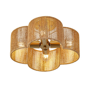 LightFixturesUSA-Boho Brown Woven Rope Quatrefoil Cage Semi Flush Mount-Ceiling Light-Brass-