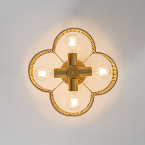 LightFixturesUSA-Boho Brown Woven Rope Quatrefoil Cage Semi Flush Mount-Ceiling Light-Brass-