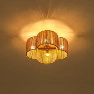 LightFixturesUSA-Boho Brown Woven Rope Quatrefoil Cage Semi Flush Mount-Ceiling Light-Brass-