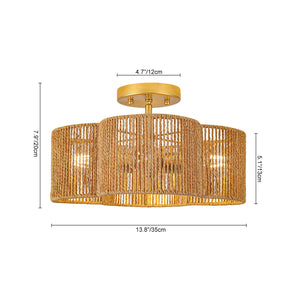 LightFixturesUSA-Boho Brown Woven Rope Quatrefoil Cage Semi Flush Mount-Ceiling Light-Brass-