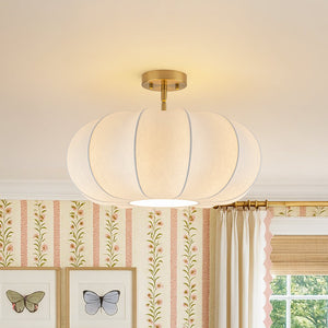 LightFixturesUSA-Boho Round White Silk Scalloped Cage Semi Flush Mount-Ceiling Light-19.7 in-
