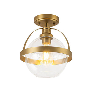 LightFixturesUSA - Brass 1 - Light Clear Glass Sphere Globe Semi - Flush Mount - Ceiling Light - Brass - 