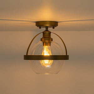 LightFixturesUSA - Brass 1 - Light Clear Glass Sphere Globe Semi - Flush Mount - Ceiling Light - Brass - 