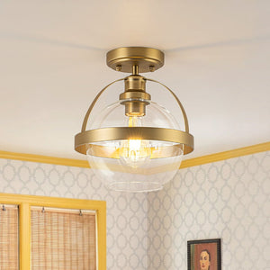 LightFixturesUSA - Brass 1 - Light Clear Glass Sphere Globe Semi - Flush Mount - Ceiling Light - Brass - 