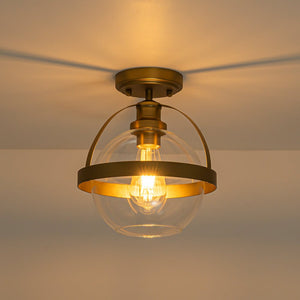 LightFixturesUSA - Brass 1 - Light Clear Glass Sphere Globe Semi - Flush Mount - Ceiling Light - Brass - 