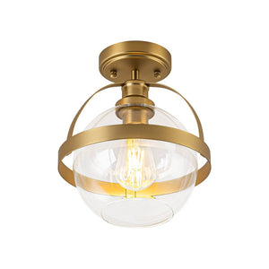 LightFixturesUSA - Brass 1 - Light Clear Glass Sphere Globe Semi - Flush Mount - Ceiling Light - Brass - 