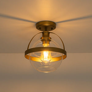 LightFixturesUSA - Brass 1 - Light Clear Glass Sphere Globe Semi - Flush Mount - Ceiling Light - Brass - 