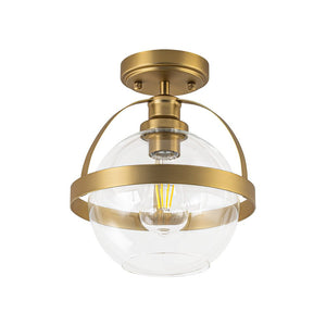 LightFixturesUSA - Brass 1 - Light Clear Glass Sphere Globe Semi - Flush Mount - Ceiling Light - Brass - 