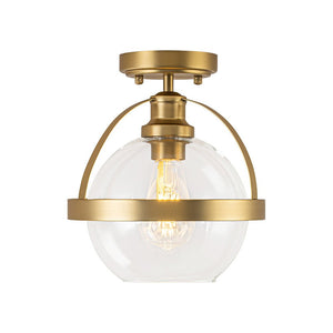 LightFixturesUSA - Brass 1 - Light Clear Glass Sphere Globe Semi - Flush Mount - Ceiling Light - Brass - 