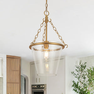 LightFixturesUSA - Brass 1 - Light Clear Textured Glass Conical Cage Pendant - Pendant Light - Brass - 