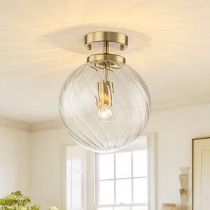 LightFixturesUSA-Brass 1-Light Swirling Ribbed Glass Globe Semi Flush Mount-Ceiling Light-Brass-