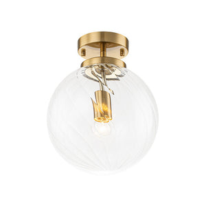 LightFixturesUSA-Brass 1-Light Swirling Ribbed Glass Globe Semi Flush Mount-Ceiling Light-Brass-