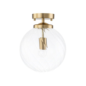 LightFixturesUSA-Brass 1-Light Swirling Ribbed Glass Globe Semi Flush Mount-Ceiling Light-Brass-