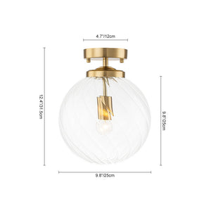 LightFixturesUSA-Brass 1-Light Swirling Ribbed Glass Globe Semi Flush Mount-Ceiling Light-Brass-