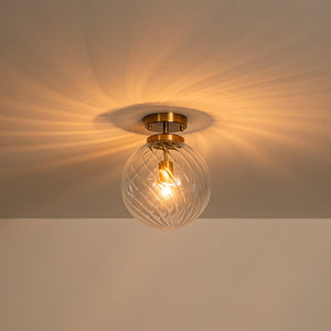 LightFixturesUSA-Brass 1-Light Swirling Ribbed Glass Globe Semi Flush Mount-Ceiling Light-Brass-