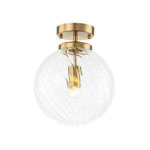 LightFixturesUSA-Brass 1-Light Swirling Ribbed Glass Globe Semi Flush Mount-Ceiling Light-Brass-