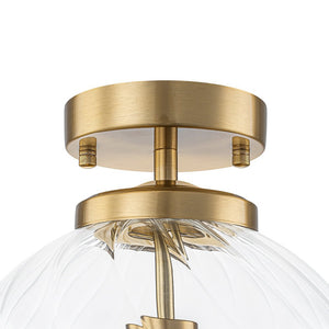 LightFixturesUSA-Brass 1-Light Swirling Ribbed Glass Globe Semi Flush Mount-Ceiling Light-Brass-