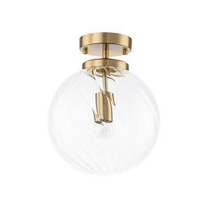 LightFixturesUSA-Brass 1-Light Swirling Ribbed Glass Globe Semi Flush Mount-Ceiling Light-Brass-