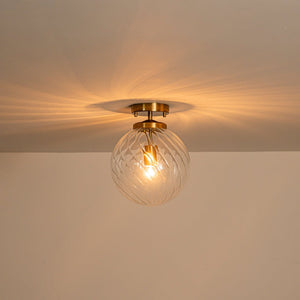 LightFixturesUSA-Brass 1-Light Swirling Ribbed Glass Globe Semi Flush Mount-Ceiling Light-Brass-