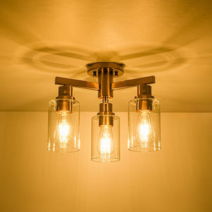 LightFixturesUSA - Brass 3 - Light Clear Glass Cylinder Semi Flush Mount - Ceiling Light - Brass - 
