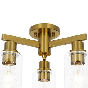 LightFixturesUSA - Brass 3 - Light Clear Glass Cylinder Semi Flush Mount - Ceiling Light - Brass - 