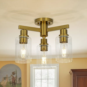LightFixturesUSA - Brass 3 - Light Clear Glass Cylinder Semi Flush Mount - Ceiling Light - Brass - 