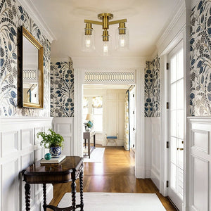 LightFixturesUSA - Brass 3 - Light Clear Glass Cylinder Semi Flush Mount - Ceiling Light - Brass - 