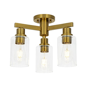 LightFixturesUSA - Brass 3 - Light Clear Glass Cylinder Semi Flush Mount - Ceiling Light - Brass - 