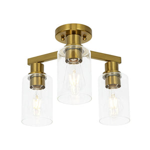LightFixturesUSA - Brass 3 - Light Clear Glass Cylinder Semi Flush Mount - Ceiling Light - Brass - 