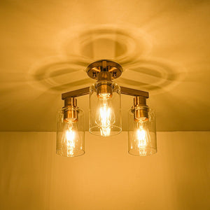LightFixturesUSA - Brass 3 - Light Clear Glass Cylinder Semi Flush Mount - Ceiling Light - Brass - 