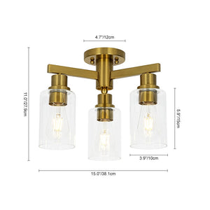 LightFixturesUSA - Brass 3 - Light Clear Glass Cylinder Semi Flush Mount - Ceiling Light - Brass - 