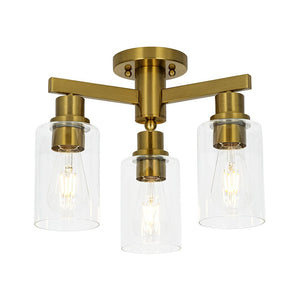 LightFixturesUSA - Brass 3 - Light Clear Glass Cylinder Semi Flush Mount - Ceiling Light - Brass - 