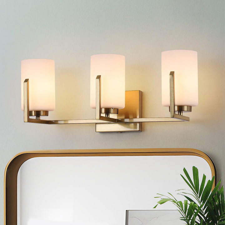 LightFixturesUSA - Brass 3 - Light Frosted Glass Cylindrical Shade Vanity Wall Sconce - Wall Sconce - 3 - Lt - 