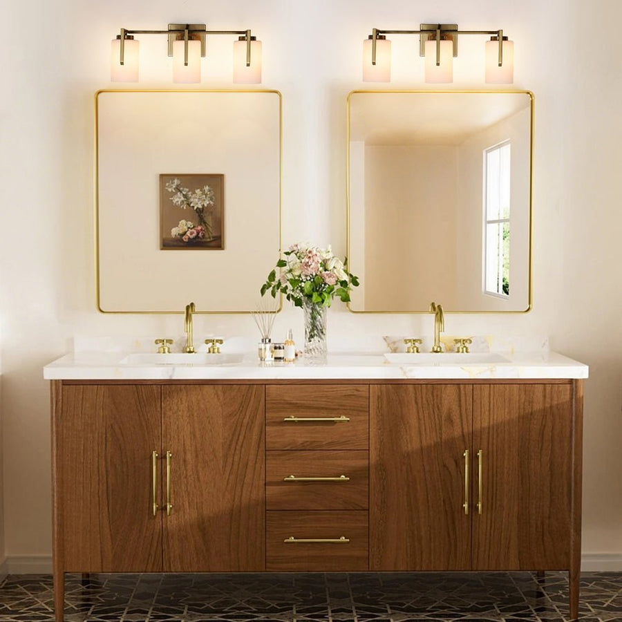 LightFixturesUSA - Brass 3 - Light Frosted Glass Cylindrical Shade Vanity Wall Sconce - Wall Sconce - 3 - Lt - 