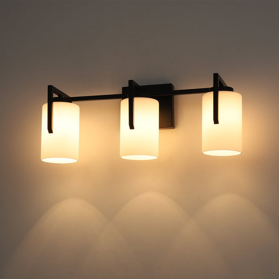 LightFixturesUSA - Brass 3 - Light Frosted Glass Cylindrical Shade Vanity Wall Sconce - Wall Sconce - Black - 