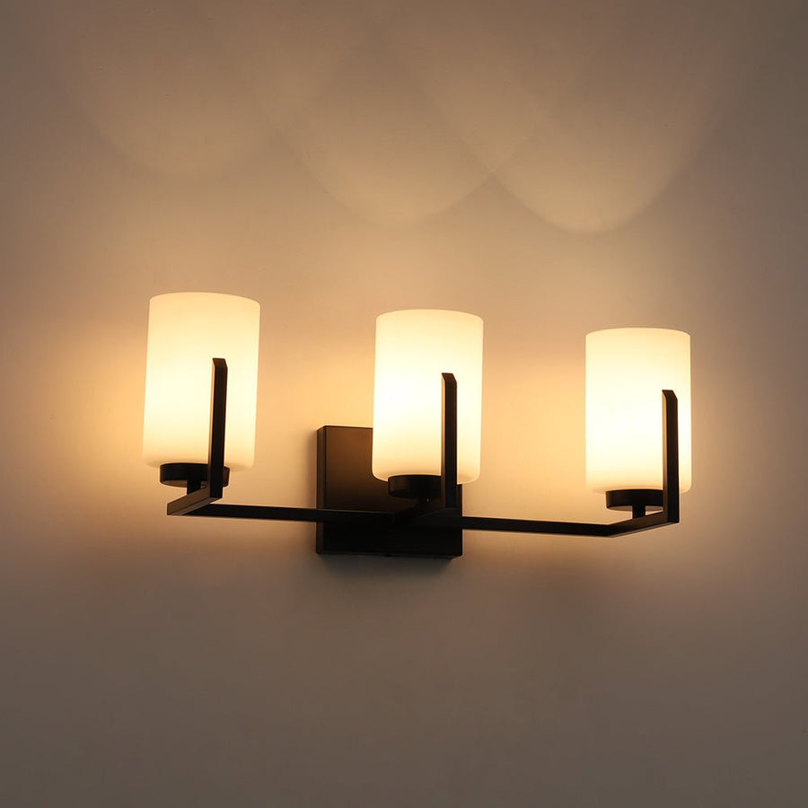 LightFixturesUSA - Brass 3 - Light Frosted Glass Cylindrical Shade Vanity Wall Sconce - Wall Sconce - Black - 