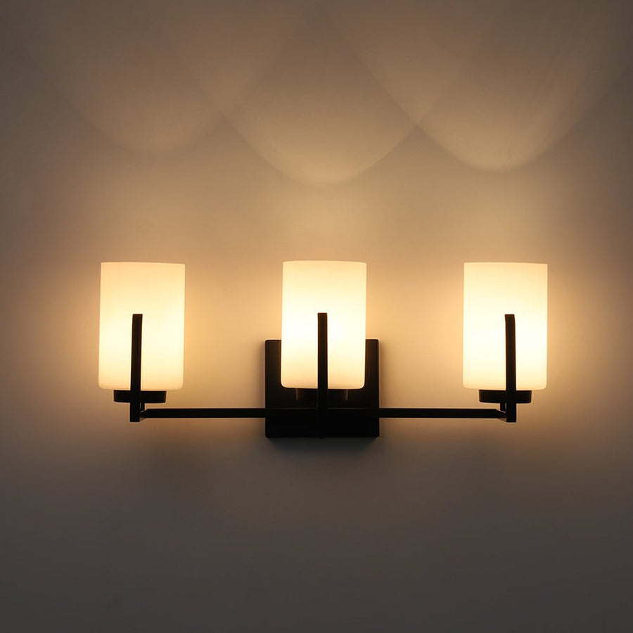 LightFixturesUSA - Brass 3 - Light Frosted Glass Cylindrical Shade Vanity Wall Sconce - Wall Sconce - Black - 