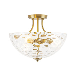 LightFixturesUSA-Brass 3-Light Hammered Glass Bowl Semi Flush Mount-Ceiling Light-Brass-