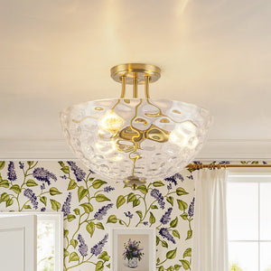LightFixturesUSA-Brass 3-Light Hammered Glass Bowl Semi Flush Mount-Ceiling Light-Brass-